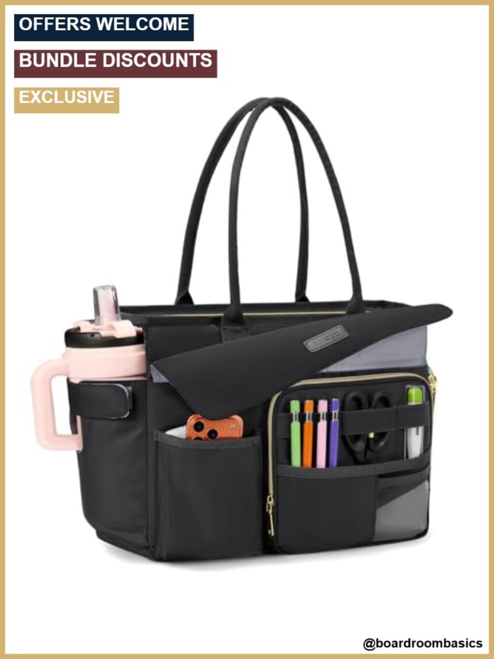 Large Laptop Tote with Insulated Lunch Compartment, 40oz Cup Holder, 20